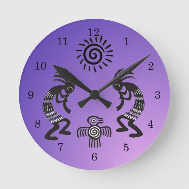 Relógio Redondo Kokopelli com símbolo nativo de sol e pássaro (Frente)