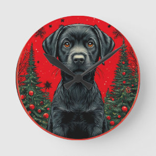 Relógio Redondo Labrador preto de Natal com árvores festivas