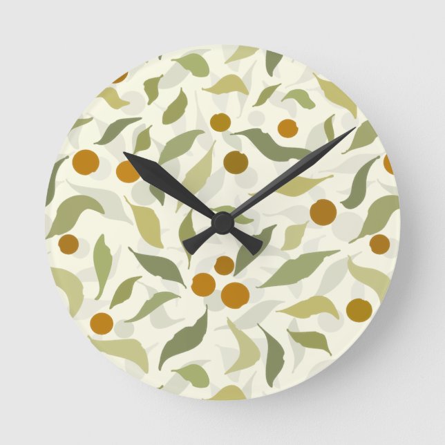 Relógio Redondo Laranja Berries e Folhas no creme - padrão.  (Frente)