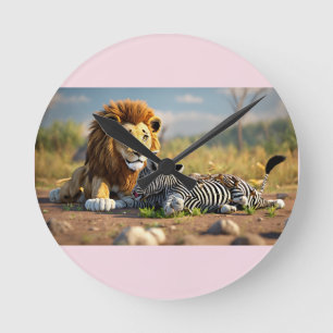 Relógio Redondo Leão de desenho 3D comendo zebra – Cena selvagem d