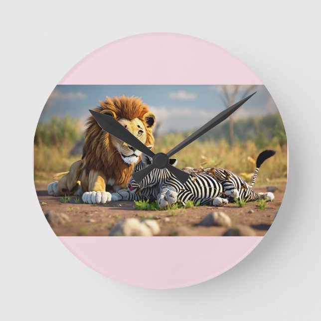 Relógio Redondo Leão de desenho 3D comendo zebra – Cena selvagem d (Frente)