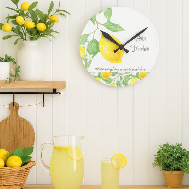Relógio Redondo Lemon Citrus Custom Kitchen Wall Clock (Personalize this cheerful lemon citrus wall clock with a name. It makes an excellent gift )