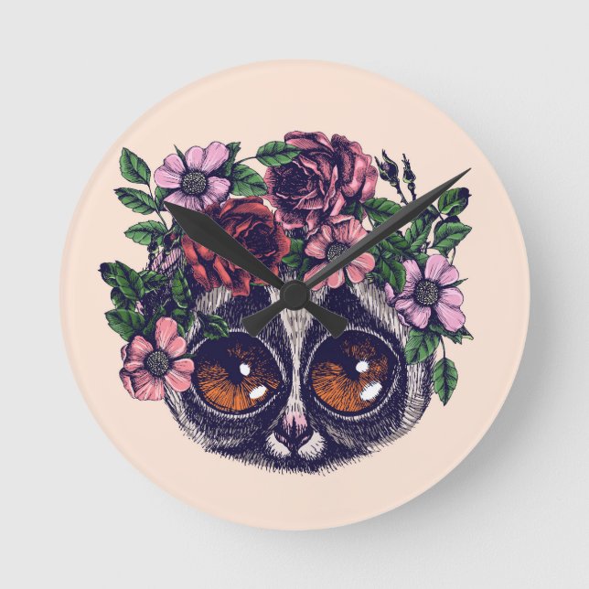 Relógio Redondo Lemur floral doce (Frente)