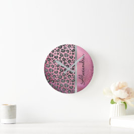 Relógio Redondo Leopardo brilhante impresso a rosa quente brilhant