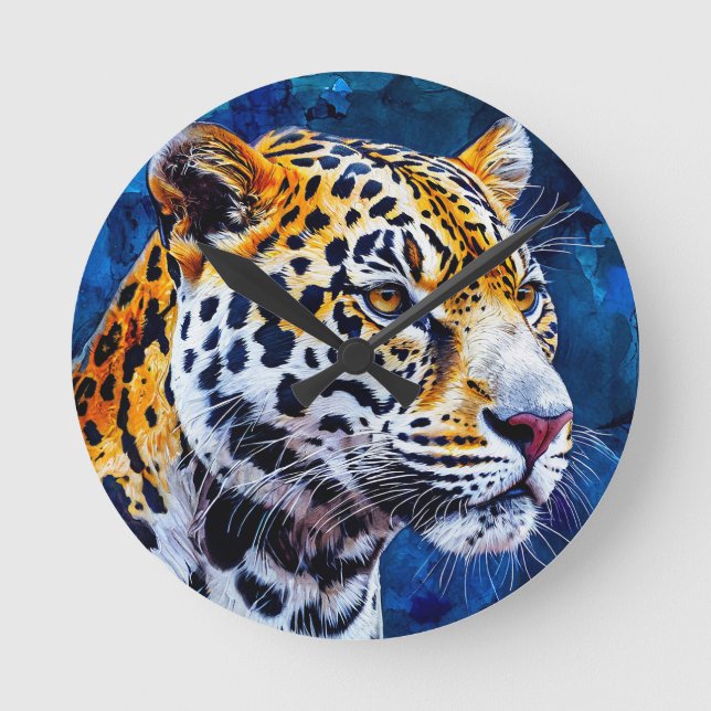 Relógio Redondo Leopardo em fundo azul (Frente)