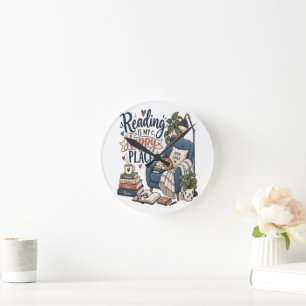 Relógio Redondo Ler É o Meu Lugar Feliz – Design de Amante de Livr