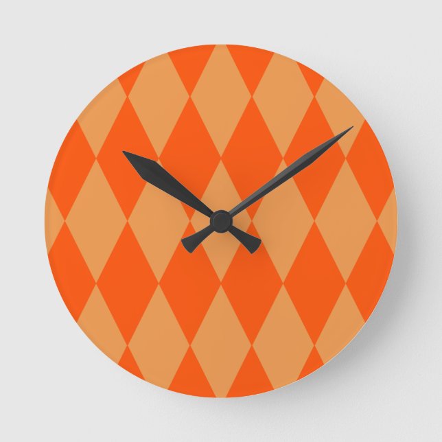 Relógio Redondo Light and Dark Orange Harlequin Diamonds Checkers  (Frente)