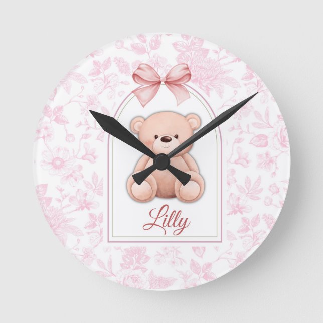 Relógio Redondo Lilly | Design de Enfermeiro de Urso Rosa Personal (Frente)