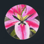 Relógio Redondo Lily rosa quente Tenerife pop art flor de aquarela<br><div class="desc">com design original de pintura aquosa feita pelo artista Sacha Grossel,  de flor lírio rosa quente,  em estilo macro pop de arte. Este design floral inspirado botânico é muito brilhante e colorido com pétalas cor-de-rosa intensas e fundo verde.</div>