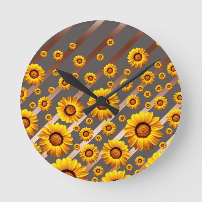 Relógio Redondo Lindas flores amarelas nas cinzas, listras castanh (Frente)