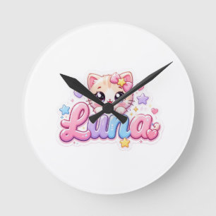 Relógio Redondo Lindo Nome de Gato Kawaii Luna Rosa Pastel Brilhan