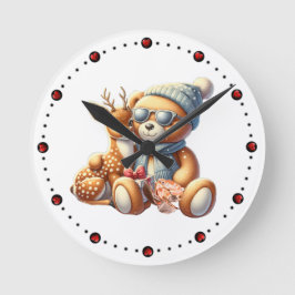 Relógio Redondo Little bear with fawn in arms winter Christmas
