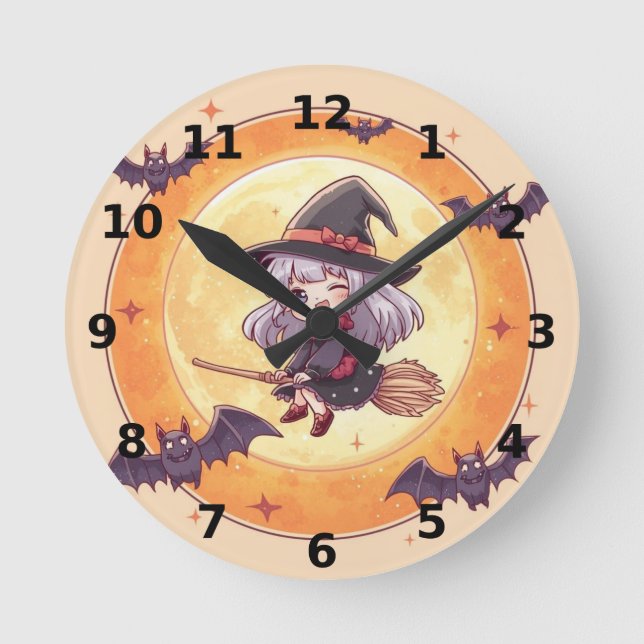 Relógio Redondo Little Witch Halloween Wall Clock (Frente)