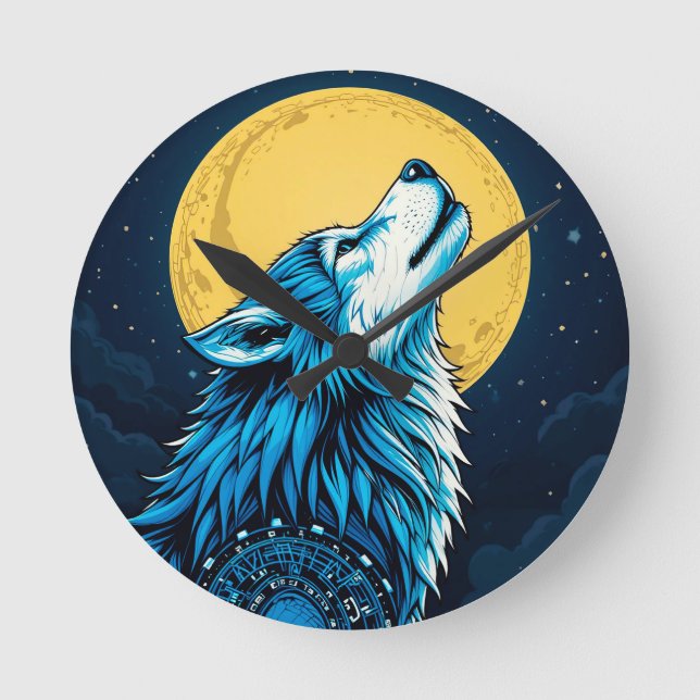 Relógio Redondo Lobo Azul Místico Uivando sob a Lua Cheia (Frente)