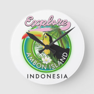 Relógio Redondo Logotipo de viagem da Ilha Ambon Indonésia Arte de