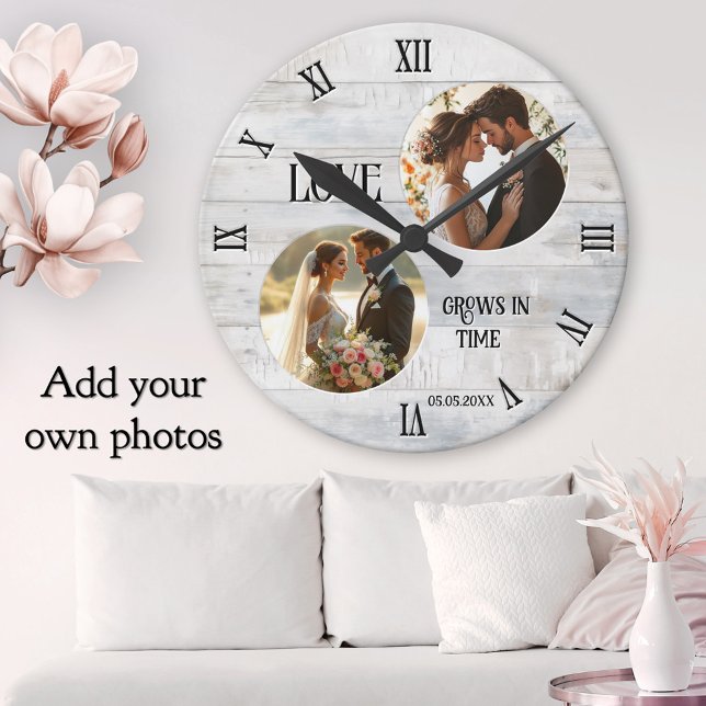 Relógio Redondo Love Grows in Time Rustic White Wood Wedding Photo (Personalized wedding photo rustic white wood clock with a love grows in time theme)