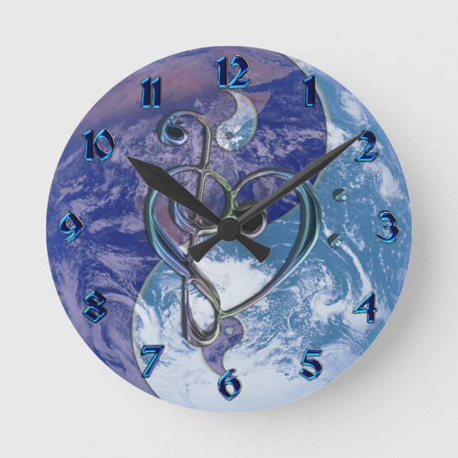 Relógio Redondo Love Music Clef Heart Yin-Yang Earth Clock (Frente)