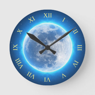 Relógio Redondo Lua cheia, brilho azul