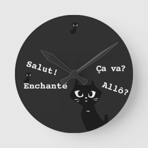 Relógio Redondo Lucky Black Cats Greeting in French