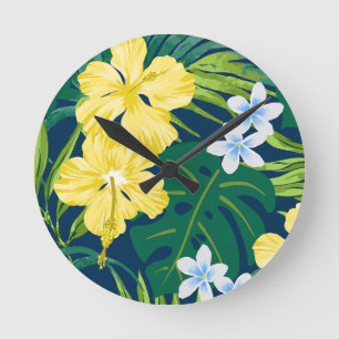 Relógio Redondo Luna Hibiscus Garden Havaiana - Amarelo e Marinho