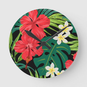 Relógio Redondo Luna Hibiscus Garden Havaiana - Vermelho e Negro