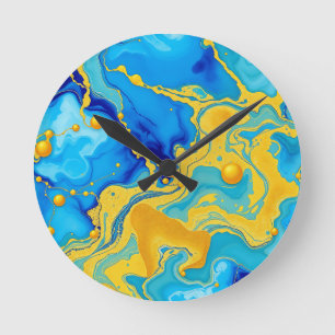 Relógio Redondo Luxuoso Azul e Ouro Abstrato de Tinta Alcoólica