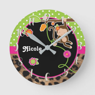 Relógio Redondo Macaco & Flores Rosa Verde Safari Chic Personaliza