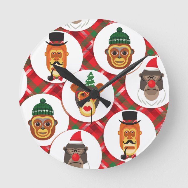 Relógio Redondo macacos hipsteres de natal (Frente)