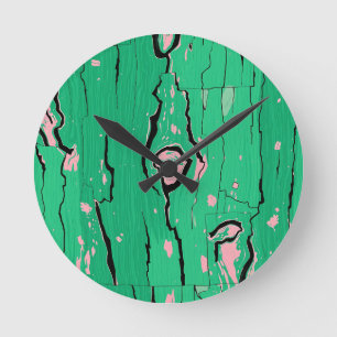 Relógio Redondo Madeira Neon Verde Pop Art Grão Abstrato Casca de