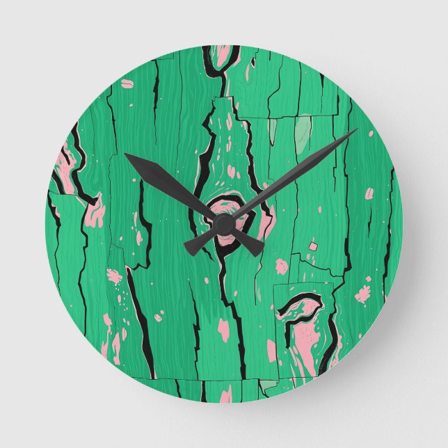Relógio Redondo Madeira Neon Verde Pop Art Grão Abstrato Casca de  (Frente)