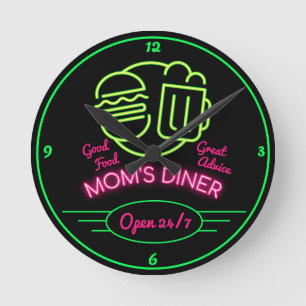 Relógio Redondo Mãe Diner Aberto 24/7 Anos 50 Retro Efeito Neon