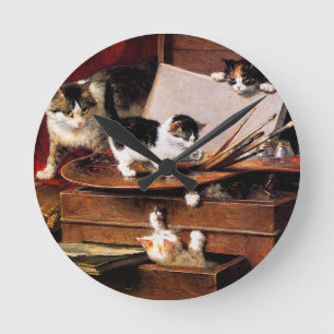 Relógio Redondo Mãe Gato e Gatinhos na Mesa