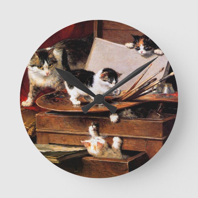 Relógio Redondo Mãe Gato e Gatinhos na Mesa (Frente)