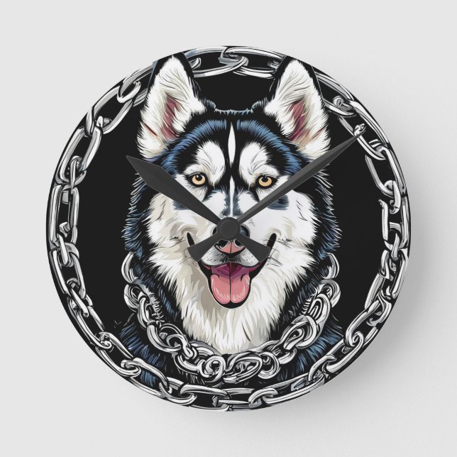 Relógio Redondo Majestoso Cão Husky com Cores Ousadas (Frente)