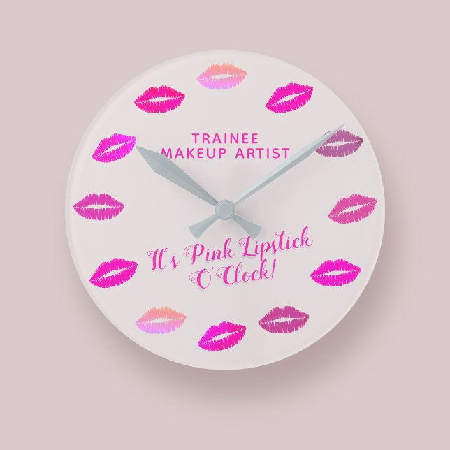Relógio Redondo Makeup Artist MUA Pink Lipstick Wall Clock (It's always Pink Lipstick O'Clock!  Just add your Makeup Artist name or Business Name)