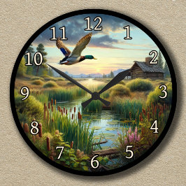 Relógio Redondo Mallard personalizável voando sobre um lago tranqu