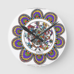 Relógio Redondo Mandal floral no estilo de Madhubani