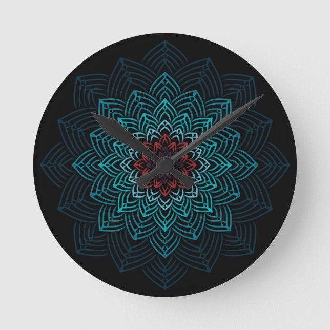 Relógio Redondo Mandala de Flor Aqua e Vermelha (Frente)