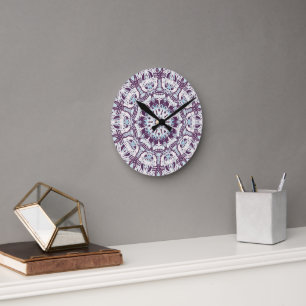 Relógio Redondo Mandala Espiritual Caleidoscópio Azul Roxo Branco.