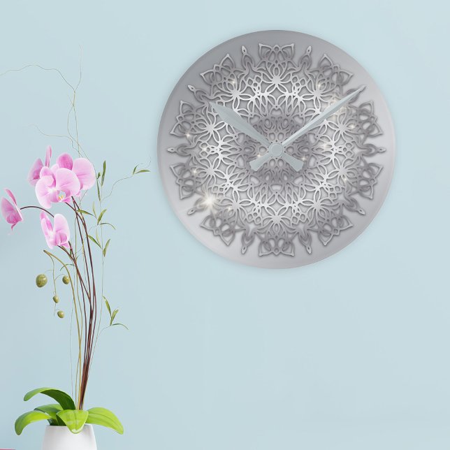 Relógio Redondo Mandala Metálico Silver de Luxo Brilhante (Criador carregado)