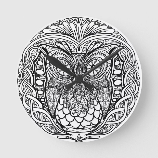 Relógio Redondo Mandala Owl Black and White (Frente)