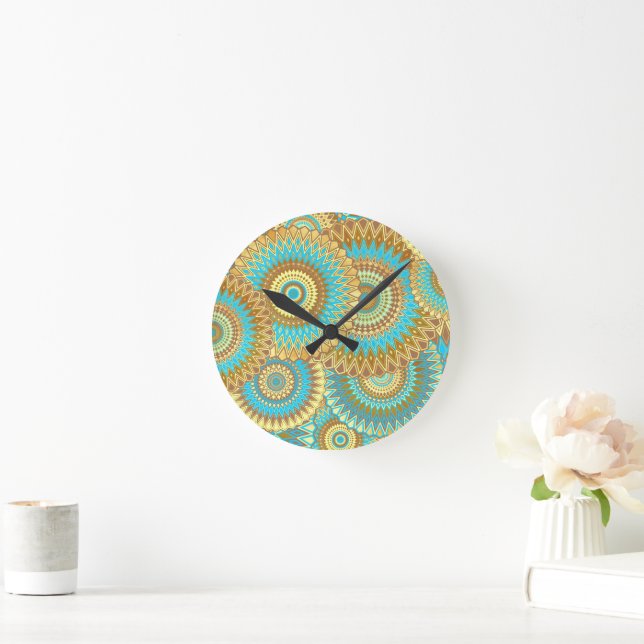 Relógio Redondo Mandala Sobreposto Azul Marrom Dourado (Lar)