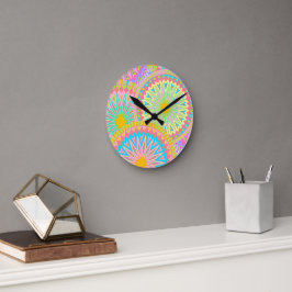 Relógio Redondo Mandala Sobreposto Rosa Azul Amarelo Verde-Menta R