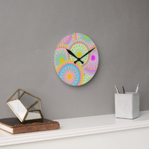 Relógio Redondo Mandala Sobreposto Rosa Azul Amarelo Verde-Menta R