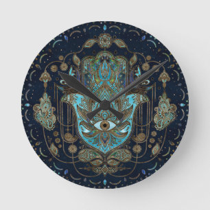 Relógio Redondo Mão de Hamsa - Mão de Gemstones Azuis de Fátima