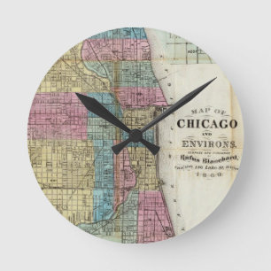 Relógio Redondo Mapa do vintage de Chicago (1869)