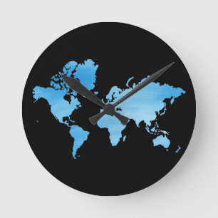 Relógio Redondo Mapa Mundial Azul Minimalista Arte Aquarela