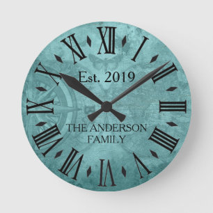 Relógio Redondo Mapa Mundial com Numerais Romanos e Nome de Famíli