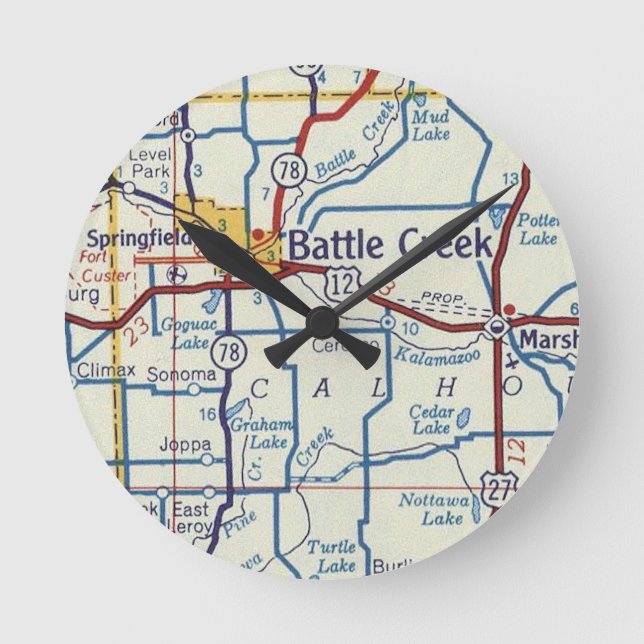Relógio Redondo Mapa Vintage de Battle Creek (Frente)