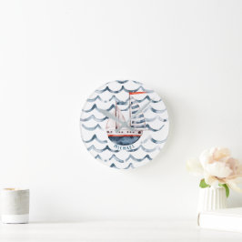 Relógio Redondo Marinheiro De Aquarela Vermelho E Monograma Azul